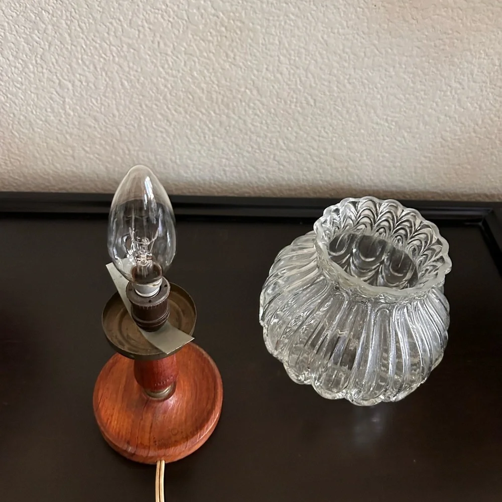Vintage Glass and Wood Table Lamp: Mid Century Home Decor 10” tall from Europe